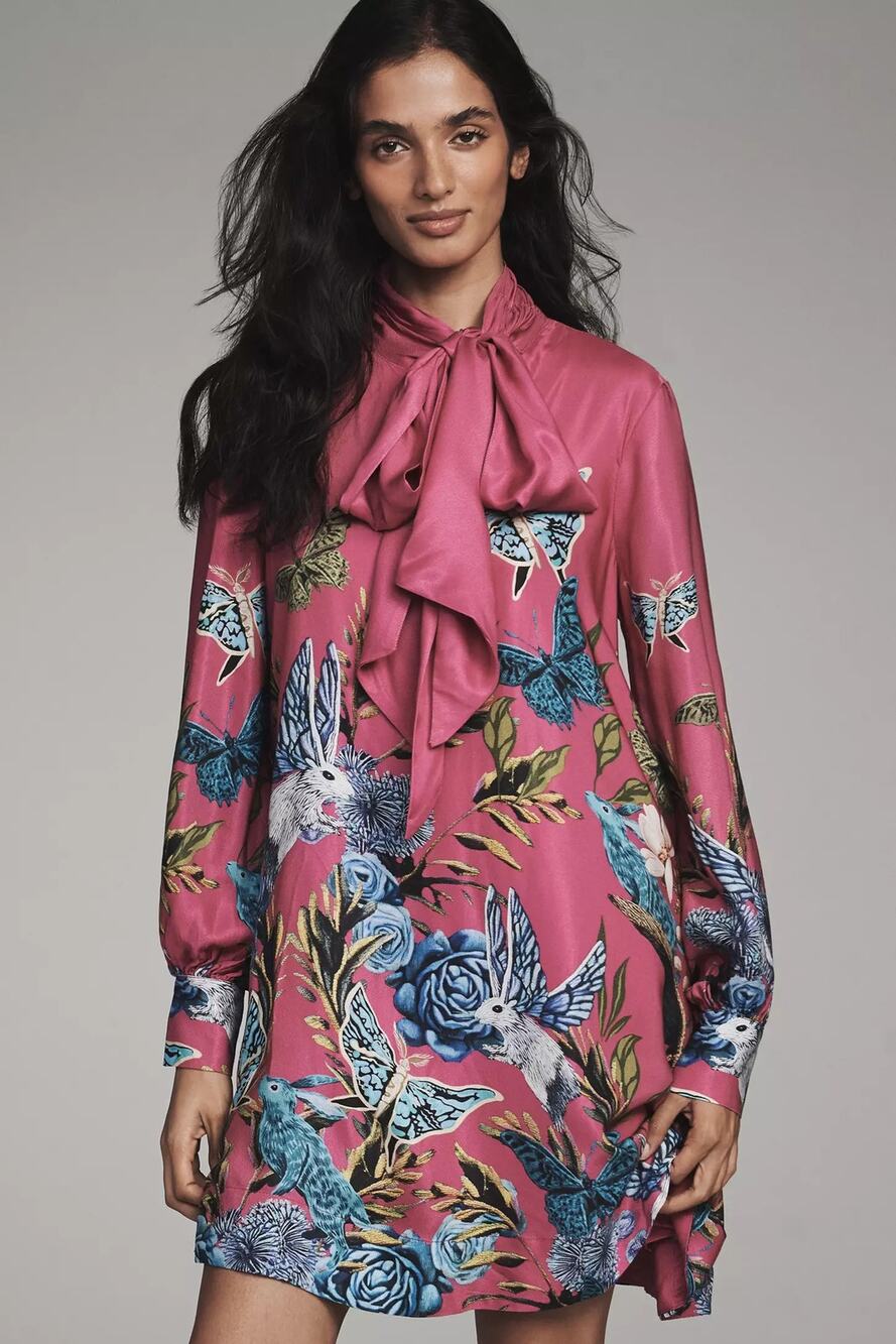 nwt ANTHROPOLOGIE MAEVE sz S The Caroline Tie-Neck Dress fuschia birds motif